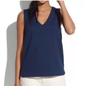 Madewell Ponte Nightshine Tank Beaded Navy Blue V-Neck size Small